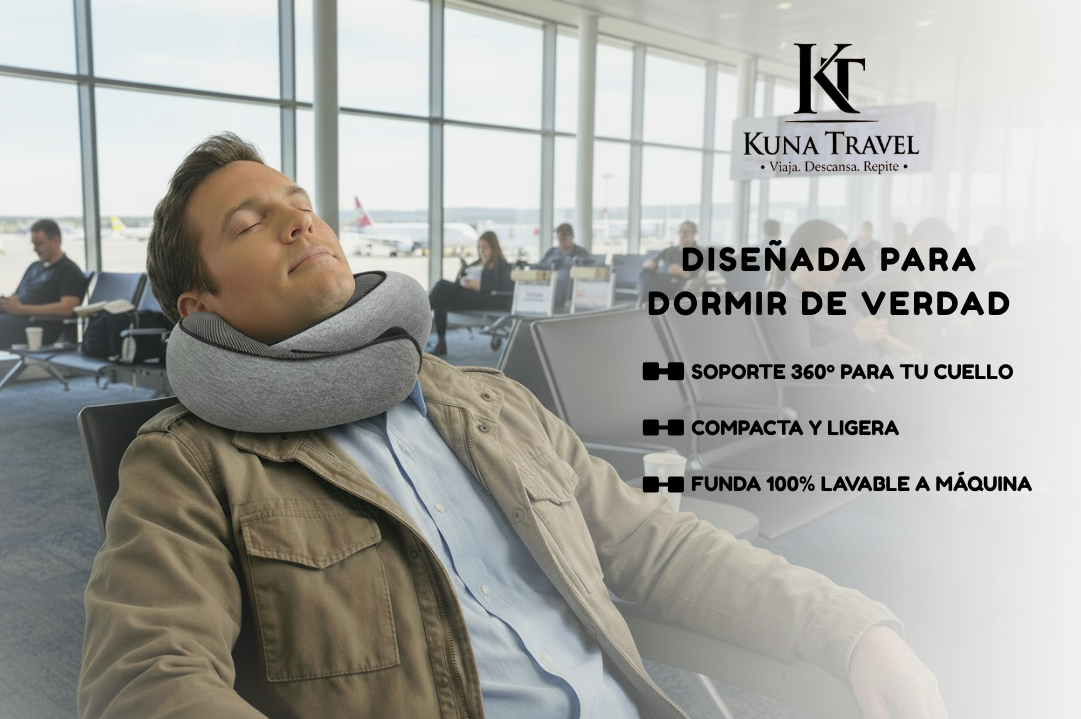 Hombre usando almohada cervical de viaje Kuna Comfort 360 con soporte ergonómico en un aeropuerto